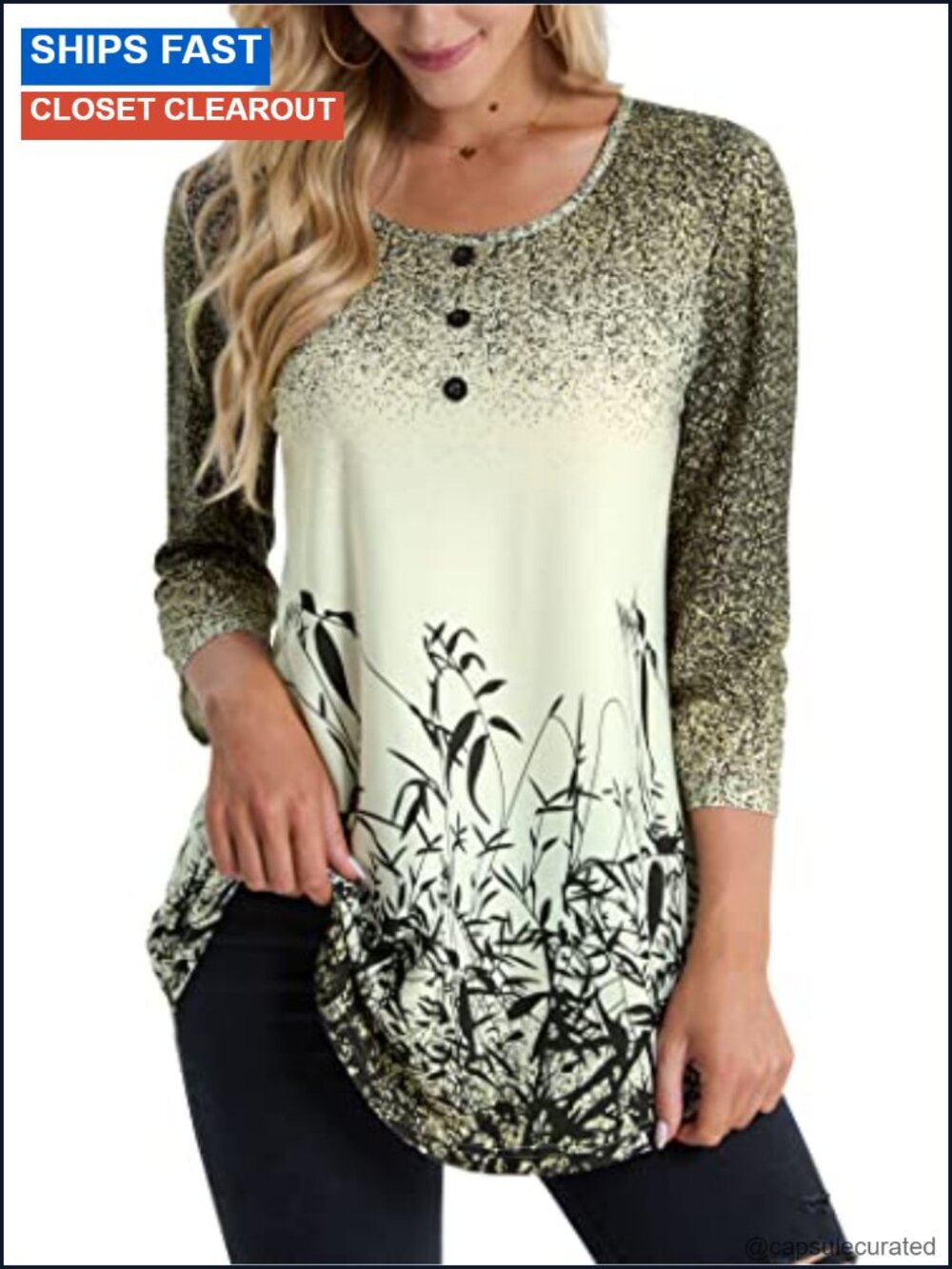 Women's 3/4 Sleeve Round Neck Floral Tunic Top with Decorative Buttons, A-Line